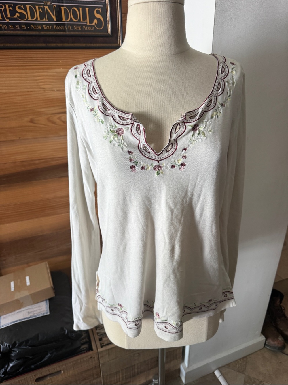 Express Cream Long Sleeve Scoop Neck Top with Mauve Floral Embroidery